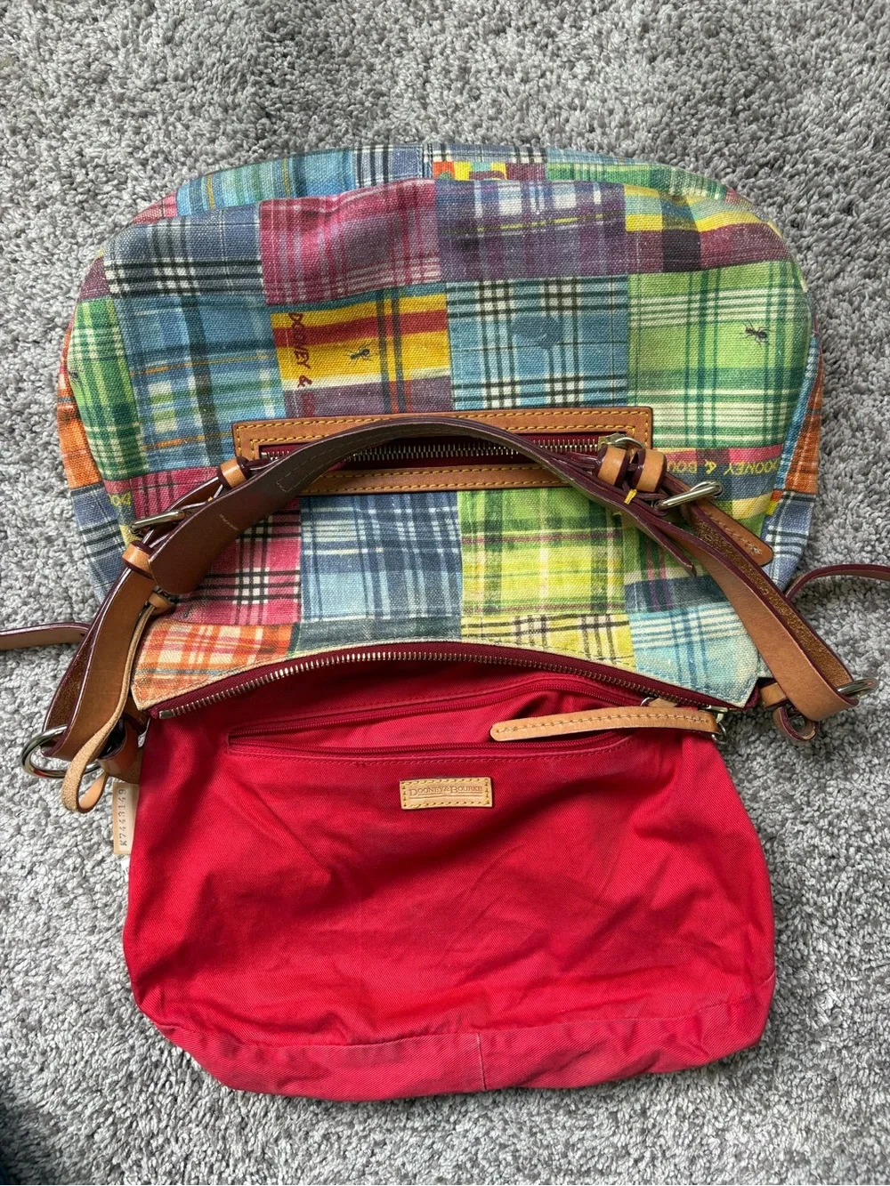 RARE Vtg Dooney & Bourke Picnic with Ants Madras Plaid Hobo Bag | Y2K Boho Chic - Picture 4 of 14